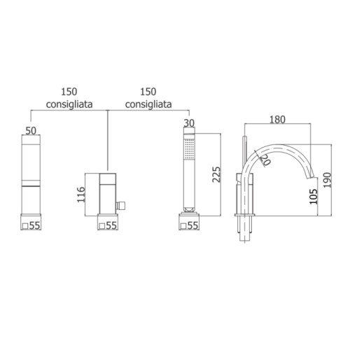Bateria wannowa Level LEC040CR 3-otworowa Paffoni chrom rysunek techniczny
