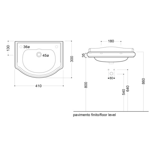 Kerasan RETRO umywalka ceramiczna 41x30cm otwór na baterię z prawej strony bez przelewu 103301DX