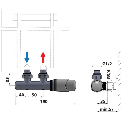 Bruckner zestaw przyłączeniowy termostatyczny zespolony 50mm twins chrom 600.311.1 rysunek techniczny