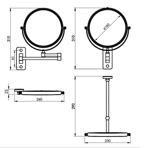 Gedy Gaia wiszące lusterko kosmetyczne 180mm dwustronne gun metal CO202481