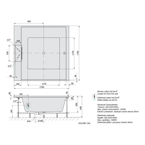 Polysan 23611F.5010 Came Falls wanna z hydromasażem 175x175x50cm Highline Hydro chrom