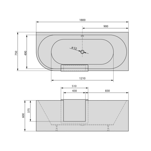 Polysan 75561 PORTAS R asymetryczna wanna z drzwiami 180x75x60cm biały