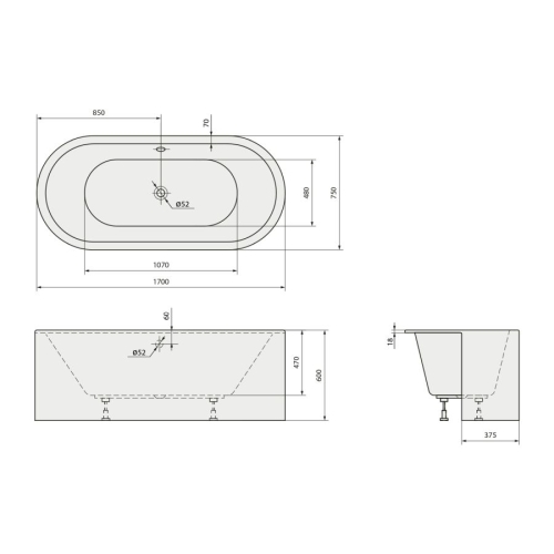 Polysan 79119CM VIVA C MONOLITH owalna półwpuszczana wanna 170x75x60cm biały