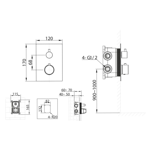 Sapho KU682 KIMURA bateria podtynkowa termostatyczna 2 wyjścia box podtynkowy chrom