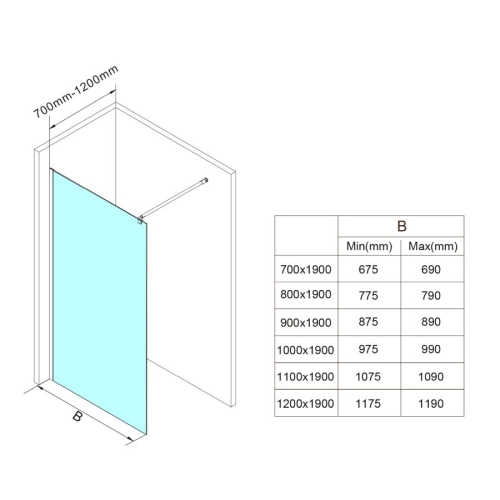 Aqualine WI121 WALK-IN ścianka prysznicowa do montażu do ściany ze wspornikem 1200x1900mm szkło czyste