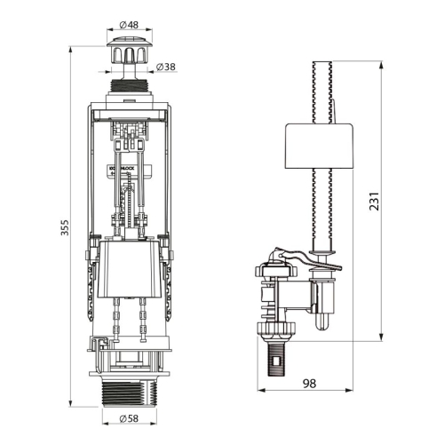 Sapho SSUV25 Mechanizm spłukujący z DUAL przyciskiem napełnianie od dołu 1/2