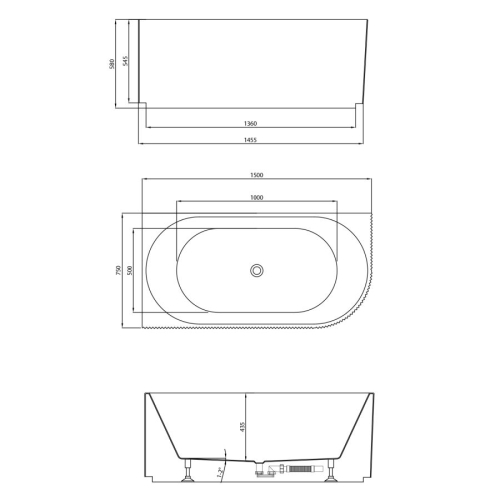 Aqualine E1047G TIBERA STRIP L narożna wanna stojąca 150x75cm biały