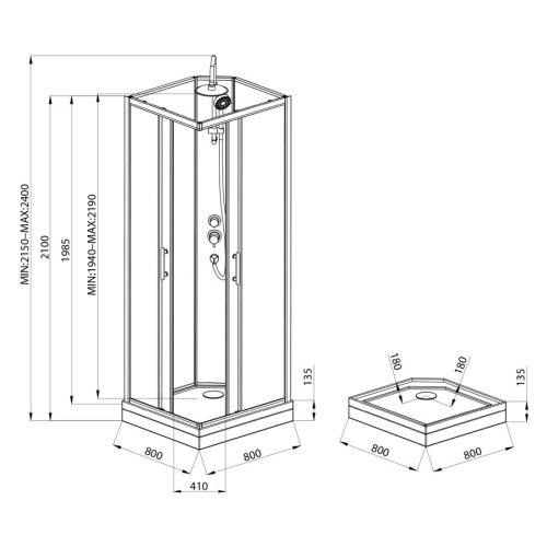 Aqualine GG80X80 GRANVIK boks prysznicowy półokrągły 800x800x2180mm szkło czyste