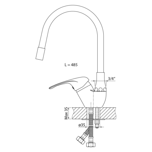 Aqualine 1107-65F KASIOPEA 35 bateria kuchenna z elastyczną wylewką chrom/czarny Matt