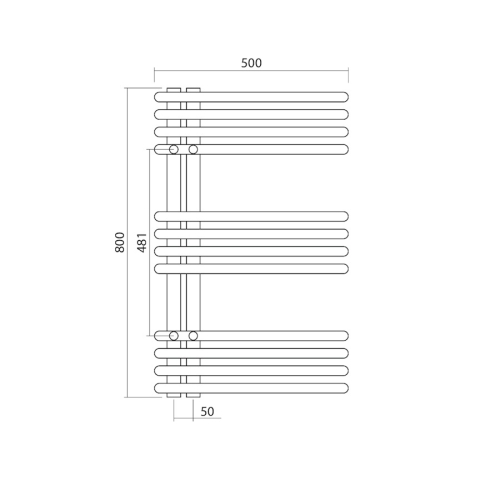 Rysunek techniczny grzejnika łazienkowego Sapho Nympha LLN80 500x800 mm chrom z wymiarami i przyłączami technicznymi
