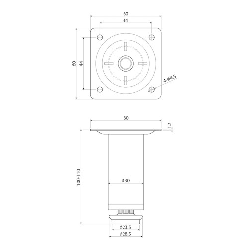 Rysunek techniczny Aqualine Kermia Fresh nóżka o regulowanej wysokości 10077