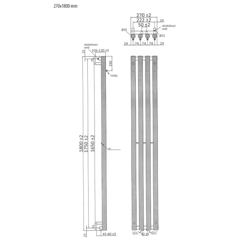 Sapho PILON grzejnik 270x1800 mm 4 wieszaki biały mat IZ121T rysunek techniczny