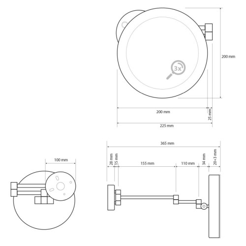 Sapho X-round Black wiszące lusterko kosmetyczne Led średnica 200mm czarny XR016B